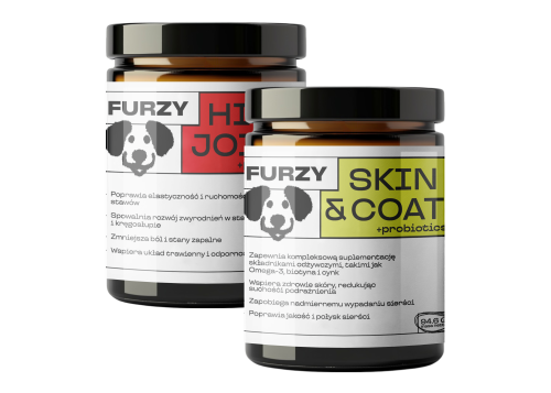 Furzy Hip&amp;amp;Joint + Skin&amp;amp;Coat - zestaw suplementów dla psów i kotów. Sierść i skóra oraz kości i stawy.