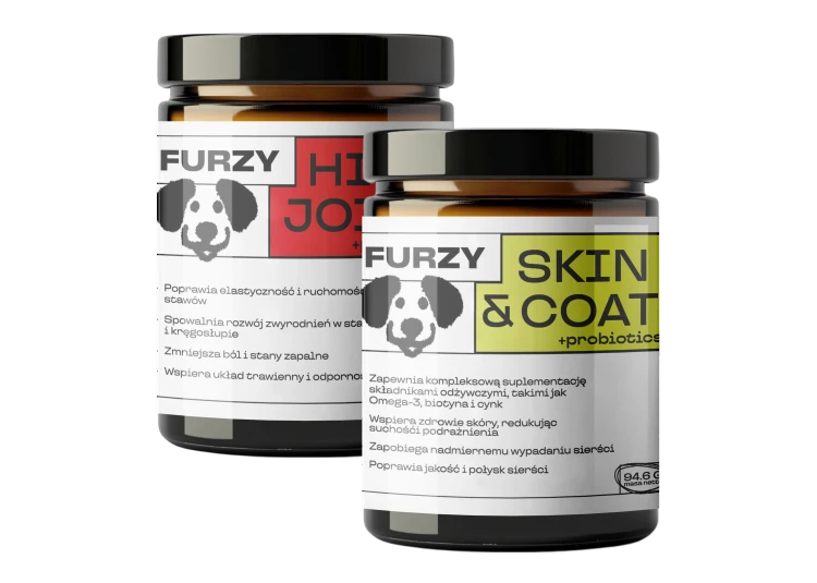 Furzy Hip&amp;amp;Joint + Skin&amp;amp;Coat - zestaw suplementów dla psów i kotów. Sierść i skóra oraz kości i stawy.